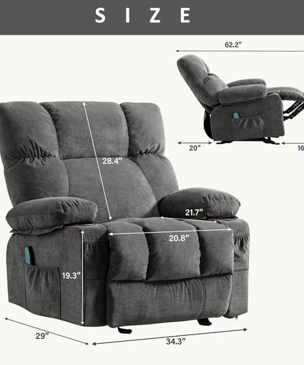 JONPONY Manual Recliner Chair with Heat Therapy and Massage Function, Heavy Duty Reclining Mechanism Massage Chair, Elderly Single Rocker Sofa with Cup Holders for Bedroom Home Theater,Grey