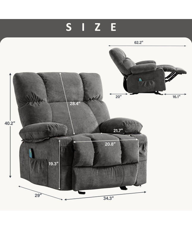 JONPONY Manual Recliner Chair with Heat Therapy and Massage Function, Heavy Duty Reclining Mechanism Massage Chair, Elderly Single Rocker Sofa with Cup Holders for Bedroom Home Theater,Grey
