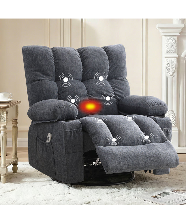 JONPONY Recliner Chair, Swivel Rocker Recliner Chair for Adults, Upholstered Manual Recliner with Side Pockets,Elderly Single Rocker Sofa with Cup Holders for Bedroom Home Theater,Grey