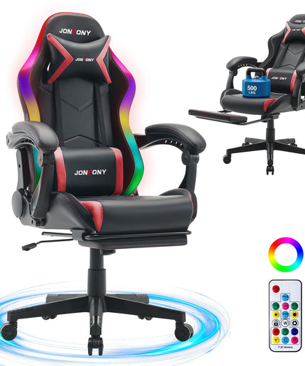 JONPONY Gaming Chair,Racing Style RGB LED Lights,Ergonomic Video Game Chair with Footrest and Lumbar Support ,High Back Reclining Computer Chair for Adults