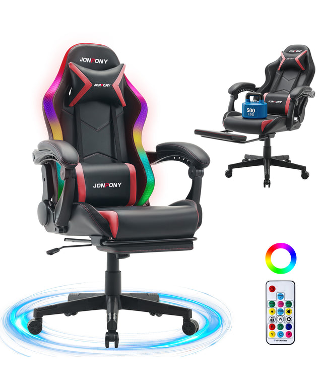 JONPONY Gaming Chair,Racing Style RGB LED Lights,Ergonomic Video Game Chair with Footrest and Lumbar Support ,High Back Reclining Computer Chair for Adults