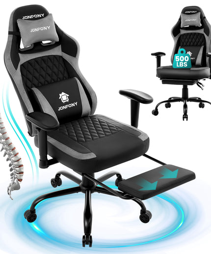 JONPONY Big and Tall 500LBS Ergonomic Gaming Chair, High Back Office Chair with Wide Wingless Seat and Thick Cushion, Comfortable Leather Computer Chair Support Long Sitting,2D Armrests