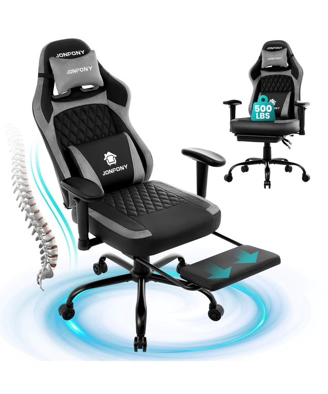 JONPONY Big and Tall 500LBS Ergonomic Gaming Chair, High Back Office Chair with Wide Wingless Seat and Thick Cushion, Comfortable Leather Computer Chair Support Long Sitting,2D Armrests
