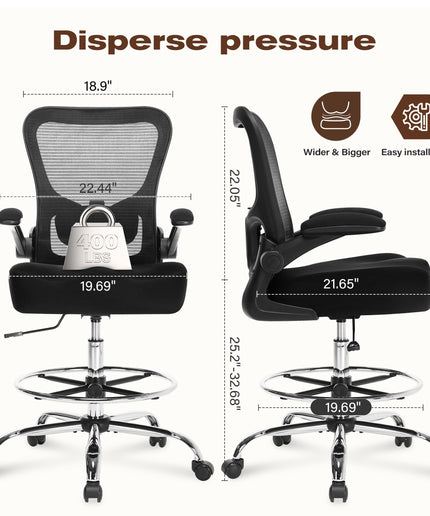 JONPONY 400LBS Drafting Chair, Tall Office Chair with Adjustable Lumbar Support&Footrest Ring, Comfy Extra Deep W-Shape Thicken Cushion, Breathable Mesh Standing High Desk Chair