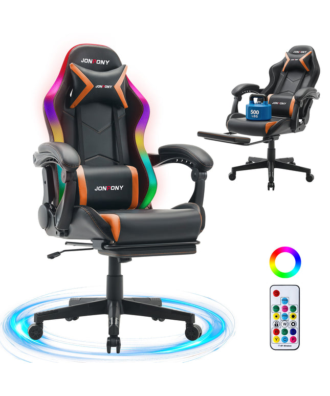 JONPONY Gaming Chair,Racing Style RGB LED Lights,Ergonomic Video Game Chair with Footrest and Lumbar Support ,High Back Reclining Computer Chair for Adults