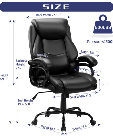 JONPONY Big and Tall Office Chair 500LBS Wide Seat Ergonomic Computer Desk Chair High Back Executive Leather Chair Adjustable Task Chair Lumbar Back Support 8 Hours Heavy Duty Design,Black