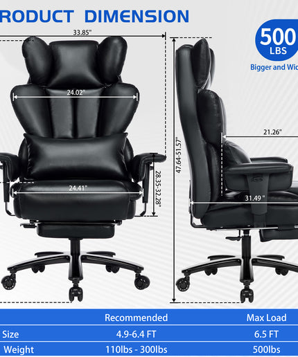 JONPONY Big and Tall Office Chair with Footrest, Executive Office Chair with Adjustable Lumbar Support, Dual Rubber Wheels, Ergonomic High Back Computer Chairs, Black