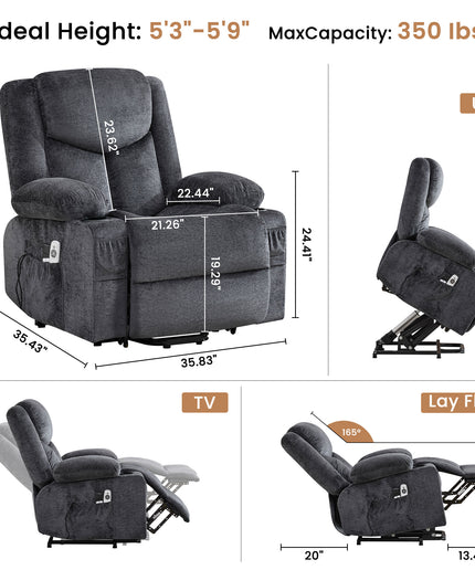 JONPONY Power Lift Recliner Chair Recliners with Heat and Massage Recliner Chair for Living Room with Infinite Position and Side Pocket,USB Charge Port,Grey