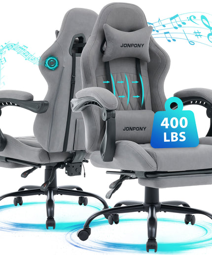JONPONY Gaming Chair,Gamer Chair with Bluetooth and Adjustable Backrest,Seat Height Adjustable Computer Chairs with 2D Armrests,Office Chair with Footrest Speakers，LIGHT GREY