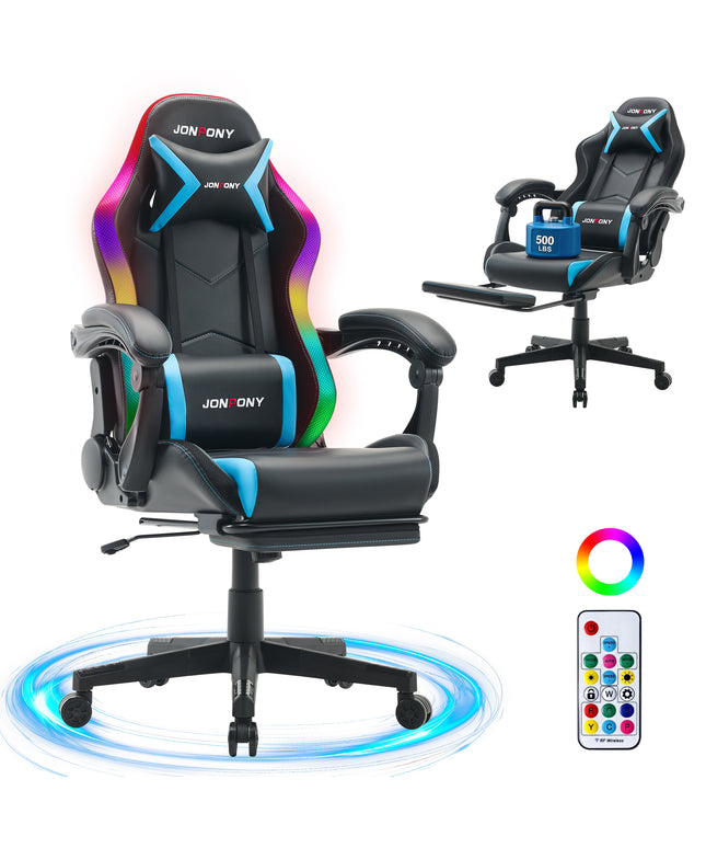 JONPONY Gaming Chair,Racing Style RGB LED Lights,Ergonomic Video Game Chair with Footrest and Lumbar Support ,High Back Reclining Computer Chair for Adults