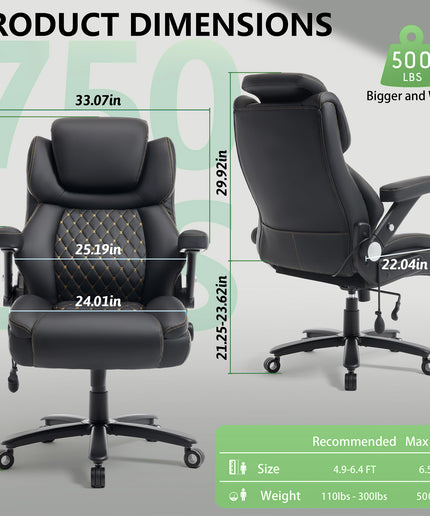 JONPONY Big and Tall Office Chair 500lbs, PU Leather High Back Desk Chair with 5D Flip Arms, Adjustable Headrest & Lumbar Airbag Support, Thick Spring Cushion, Armrests & Wheels, Black