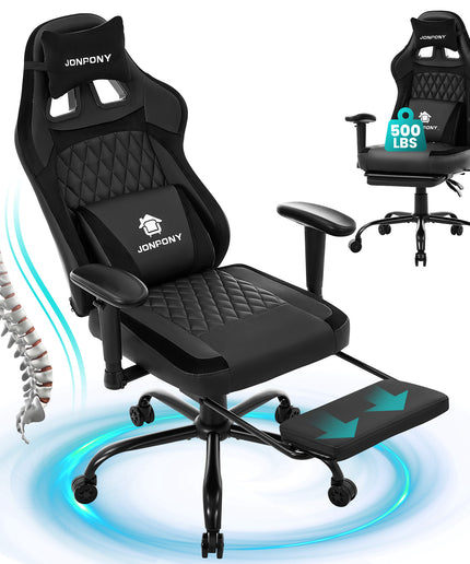JONPONY Big and Tall 500LBS Ergonomic Gaming Chair, High Back Office Chair with Wide Wingless Seat and Thick Cushion, Comfortable Leather Computer Chair Support Long Sitting,2D Armrests