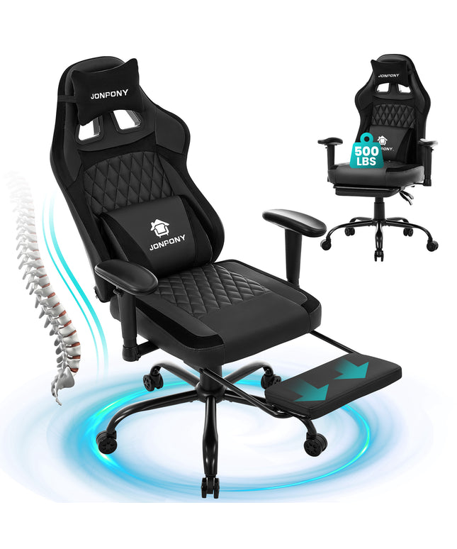 JONPONY Big and Tall 500LBS Ergonomic Gaming Chair, High Back Office Chair with Wide Wingless Seat and Thick Cushion, Comfortable Leather Computer Chair Support Long Sitting,2D Armrests