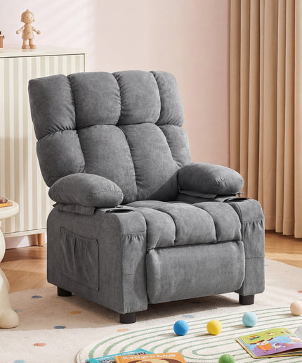 JONPONY Kids Recliner Chair, Push Back Toddler Recliner with Cup Holders & Side Pockets，Adjustable Footrest & Headrest Kids Sofa for Boys Girls 3+ Age Group, Children's Bedroom Furniture, Grey
