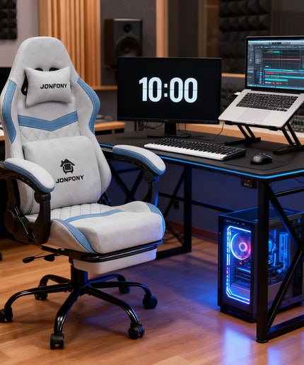 JONPONY Big and Tall Gaming Chair, Computer Chair with Footrest and Massage Lumbar Support, Height Adjustable Game Chair with Headrest and Swivel Seat，GREY