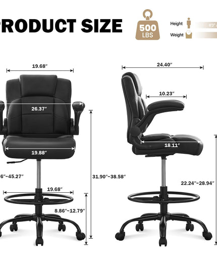 JONPONY 500 lbs Tall Office Chair with Flip-up Armrests for Standing Desk Executive Ergonomic Computer Leather Desk Chair with Lumbar Support, Adjustable Foot Ring for Home,Black