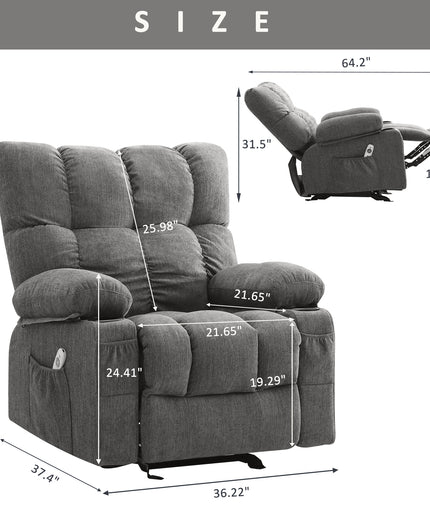 JONPONY Recliner Chair, Swivel Rocker Recliner Chair for Adults, Upholstered Manual Recliner with Side Pockets,Elderly Single Rocker Sofa with Cup Holders for Bedroom Home Theater,Grey