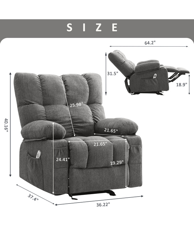 JONPONY Manual Recliner Chair with Heat Therapy and Massage Function, Heavy Duty Reclining Mechanism Massage Chair, Elderly Single Rocker Sofa with Cup Holders for Bedroom Home Theater,Grey