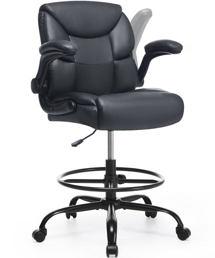JONPONY Tall Office Chair for Standing Desk, Ergonomic High Leather Executive Office Chair with Flip-up Armrest,and Adjustable Foot Ring for Counter Height Desk,Black