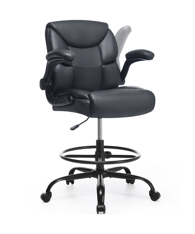 JONPONY Tall Office Chair for Standing Desk, Ergonomic High Leather Executive Office Chair with Flip-up Armrest,and Adjustable Foot Ring for Counter Height Desk,Black