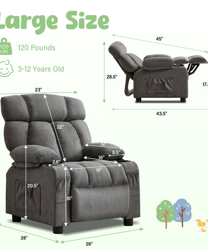 JONPONY Kids Recliner Chair,Push Back Toddler Recliner with Cup Holders & Side Pockets,Adjustable Footrest & Headrest Kids Sofa for Boys Girls 3+ Age Group, Grey