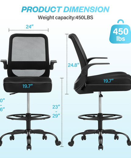 JONPONY 450LBS Office Drafting Chair, Executive Rolling Swivel Chair with Adjustable Foot Ring and Flip-Up Arms, Comfy Extra Deep W-Shape Thicken Cushion, Breathable Mesh Standing Desk Chair, Black