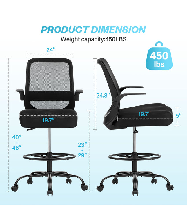 JONPONY 450LBS Office Drafting Chair, Executive Rolling Swivel Chair with Adjustable Foot Ring and Flip-Up Arms, Comfy Extra Deep W-Shape Thicken Cushion, Breathable Mesh Standing Desk Chair, Black