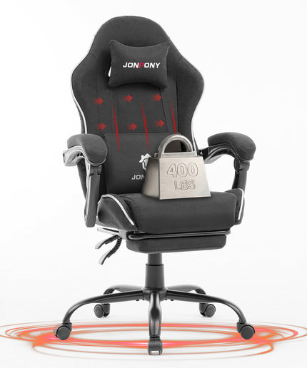 JONPONY Gaming Chair,400LBS Fabric Gamer Chair with footrest for Adults, High Back Ergonomic Computer Game Chair with Adjustable Headrest and Lumbar Support,Black