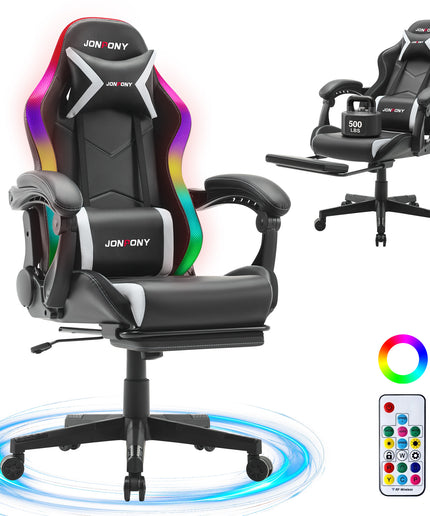 JONPONY Gaming Chair,Racing Style RGB LED Lights,Ergonomic Video Game Chair with Footrest and Lumbar Support ,High Back Reclining Computer Chair for Adults