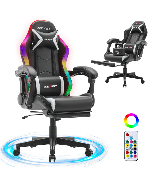 JONPONY Gaming Chair,Racing Style RGB LED Lights,Ergonomic Video Game Chair with Footrest and Lumbar Support ,High Back Reclining Computer Chair for Adults