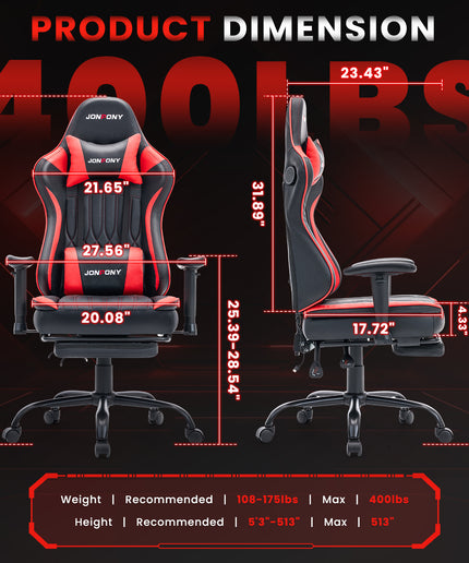 JONPONY Big and Tall 400lbs Gaming Chair with Bluetooth Speakers, Gamer Chair with Footrest and Lumbar Support & 360-Swivel Seat, Ergonomic Gamer Chair with Headrest, Red