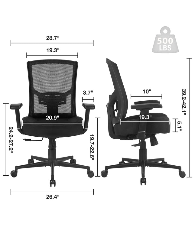 JONPONY Big and Tall Office Chair 500lbs, Ergonomic High Back Computer Desk Chair for with Adjustable Waist Support and Heavy Duty Metal Base Mesh Chair,Black