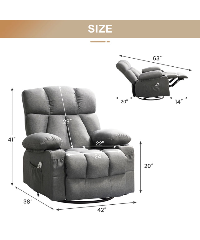 JONPONY Manual Recliner Chair with Heat Therapy and Massage Function, Heavy Duty Reclining Mechanism Massage Chair, Elderly Single Rocker Sofa with Cup Holders for Bedroom Home Theater,Grey, B1273