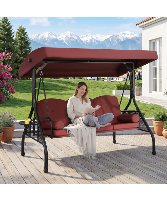 JONPONY 3-Seat Outdoor Patio Swing with Stand 800LBS, 2-in-1 Convertible Swing Bed, Adjustable Canopy Removable Cushion for Yard Garden Deck