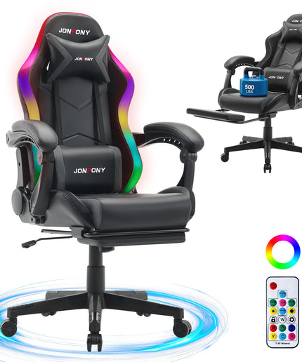 JONPONY Gaming Chair,Racing Style RGB LED Lights,Ergonomic Video Game Chair with Footrest and Lumbar Support ,High Back Reclining Computer Chair for Adults