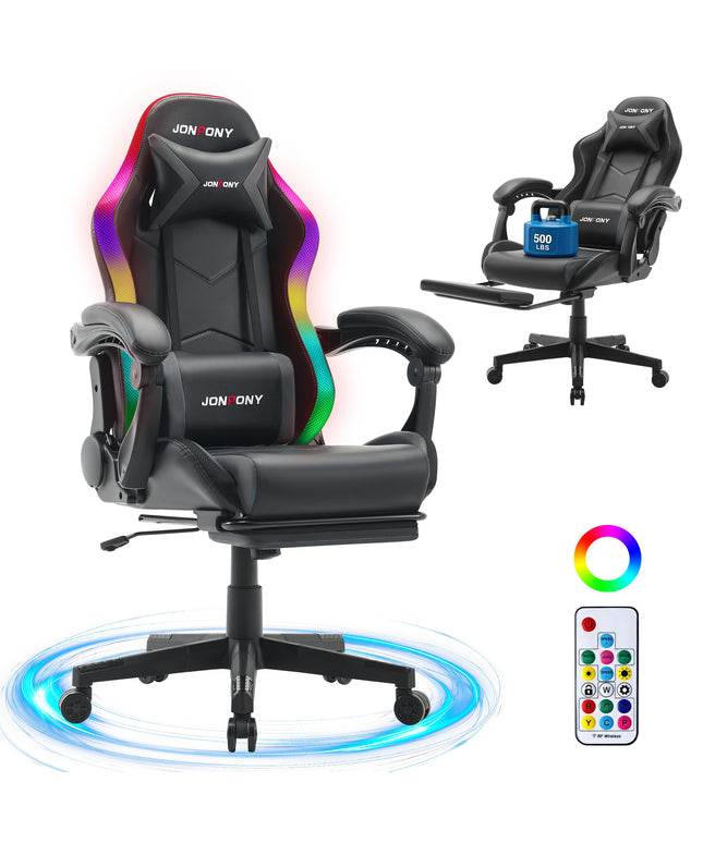 JONPONY Gaming Chair,Racing Style RGB LED Lights,Ergonomic Video Game Chair with Footrest and Lumbar Support ,High Back Reclining Computer Chair for Adults