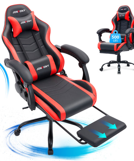 JONPONY 500LBS Big & Tall Gaming Chair, Ergonomic High-Back Gamer Chair with Footrest Lumbar Support, PU Leather Office Computer Chair for Long Sitting, Red