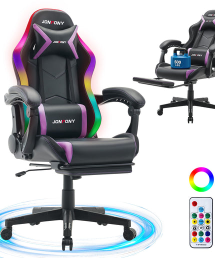 JONPONY Gaming Chair,Racing Style RGB LED Lights,Ergonomic Video Game Chair with Footrest and Lumbar Support ,High Back Reclining Computer Chair for Adults