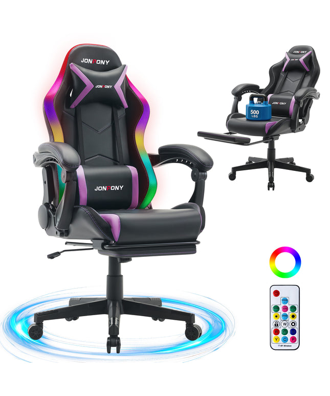 JONPONY Gaming Chair,Racing Style RGB LED Lights,Ergonomic Video Game Chair with Footrest and Lumbar Support ,High Back Reclining Computer Chair for Adults