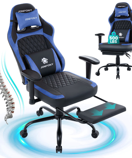 JONPONY Big and Tall 500LBS Ergonomic Gaming Chair, High Back Office Chair with Wide Wingless Seat and Thick Cushion, Comfortable Leather Computer Chair Support Long Sitting,2D Armrests