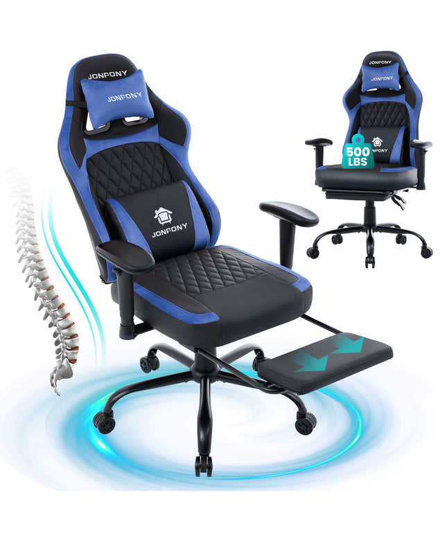 JONPONY Big and Tall 500LBS Ergonomic Gaming Chair, High Back Office Chair with Wide Wingless Seat and Thick Cushion, Comfortable Leather Computer Chair Support Long Sitting,2D Armrests
