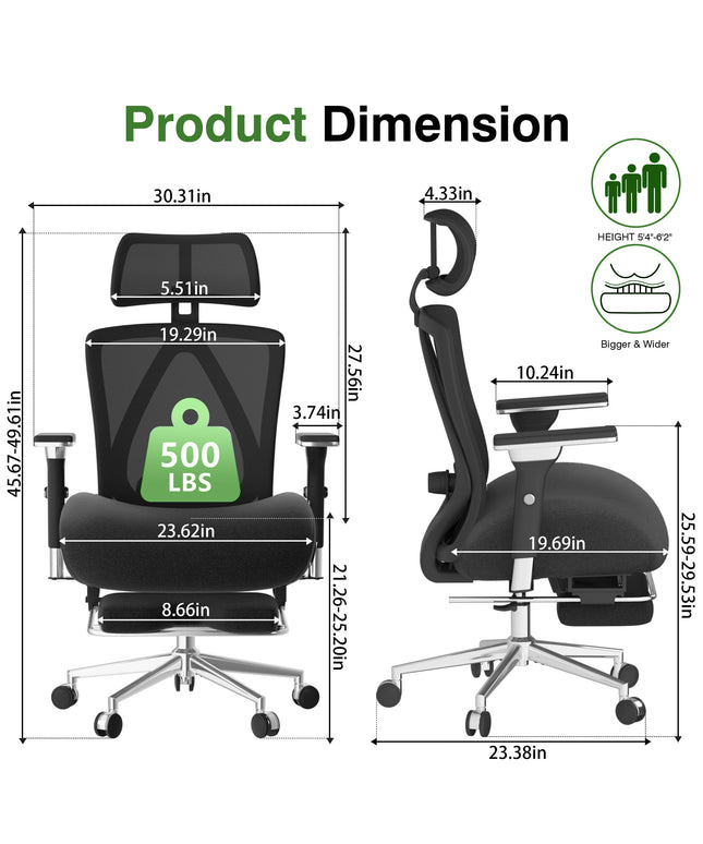 JONPONY Big and Tall Office Chair with Footrest, Ergonomic Mesh Office Chair with Thicken Wide Cushion, 4D Armrest, Adjustable Lumbar Support & Headrest, Black