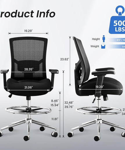 JONPONY 500LBS Drafting Chair, Heavy Duty Office Chair with Adjustable Lumbar Support & Footrest Ring, Comfy Extra Deep Thicken Cushion, Breathable Mesh Standing High Desk Chair with 4D Armrests