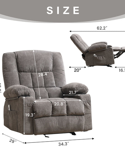 JONPONY Manual Recliner Chair with Heat Therapy and Massage Function, Heavy Duty Reclining Mechanism Massage Chair, Elderly Single Rocker Sofa with Cup Holders for Bedroom Home Theater,Grey