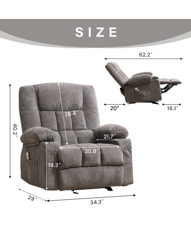 JONPONY Manual Recliner Chair with Heat Therapy and Massage Function, Heavy Duty Reclining Mechanism Massage Chair, Elderly Single Rocker Sofa with Cup Holders for Bedroom Home Theater,Grey