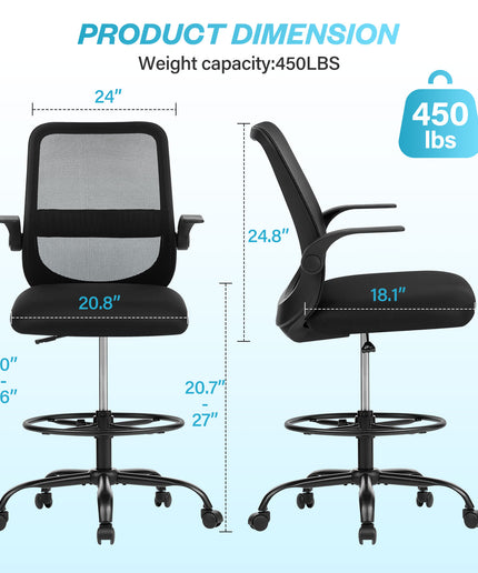 JONPONY 450LBS Office Drafting Chair, Executive Rolling Swivel Chair with Adjustable Foot Ring and Flip-Up Arms, Comfy Thicken Cushion, Breathable Mesh Standing Desk Chair, Black