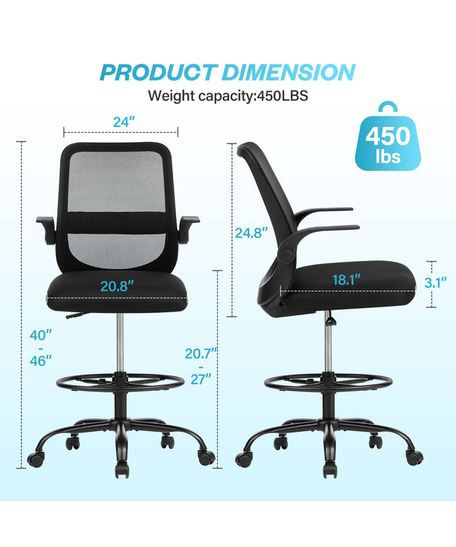 JONPONY 450LBS Office Drafting Chair, Executive Rolling Swivel Chair with Adjustable Foot Ring and Flip-Up Arms, Comfy Thicken Cushion, Breathable Mesh Standing Desk Chair, Black
