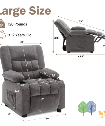 JONPONY Kids Recliner Chair,Push Back Toddler Recliner with Cup Holders & Side Pockets,Adjustable Footrest & Headrest Kids Sofa for Boys Girls 3+ Age Group, Grey