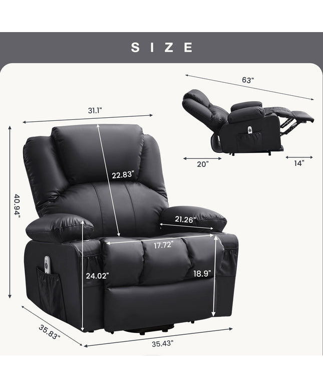 JONPONY Power Lift Recliner Chair Recliners for Elderly with Heat and Massage Recliner Chair for Living Room with Infinite Position and Side Pocket,USB Charge Port,Black