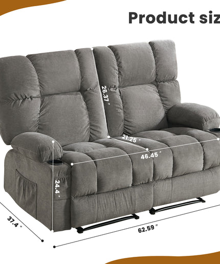 JONPONY Reclining Loveseat with Cup Holders for Living Room 2 Seat Manual Loveseat Recliner with Side Pocket,Grey